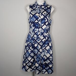 Alex Marie blue white floral geometric sleeveless midi dress L